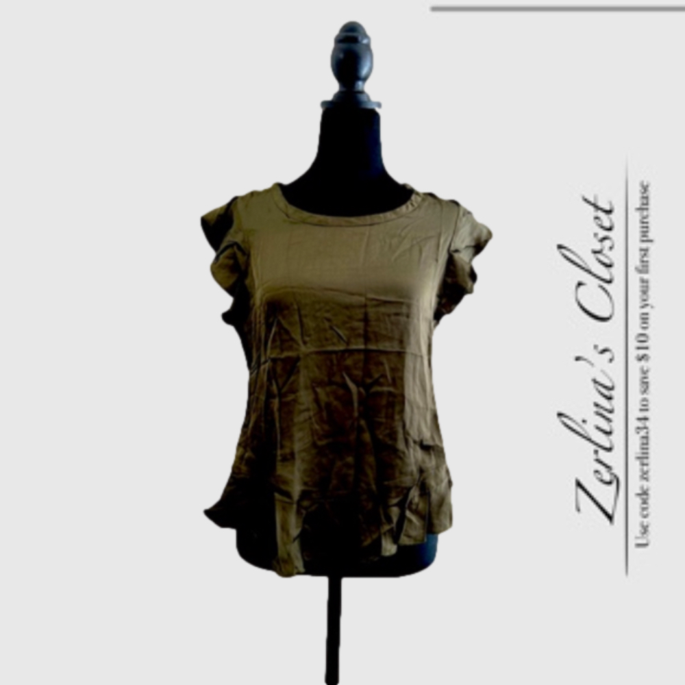 Chaser Olive Green Satin Blouse Ruffle Sleeves M